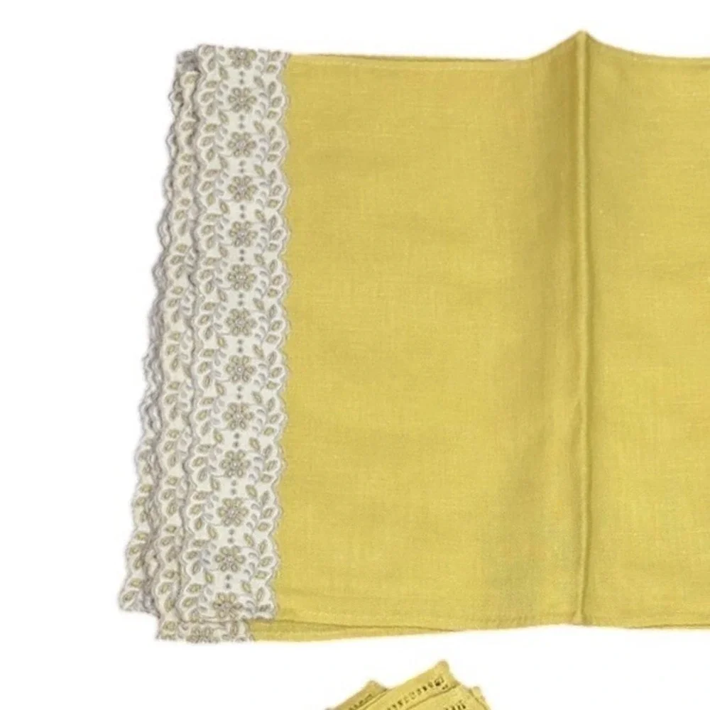 Vintage lemon lime Linen Table Placemats Napkin Set with Lace Trim and Hemstitch